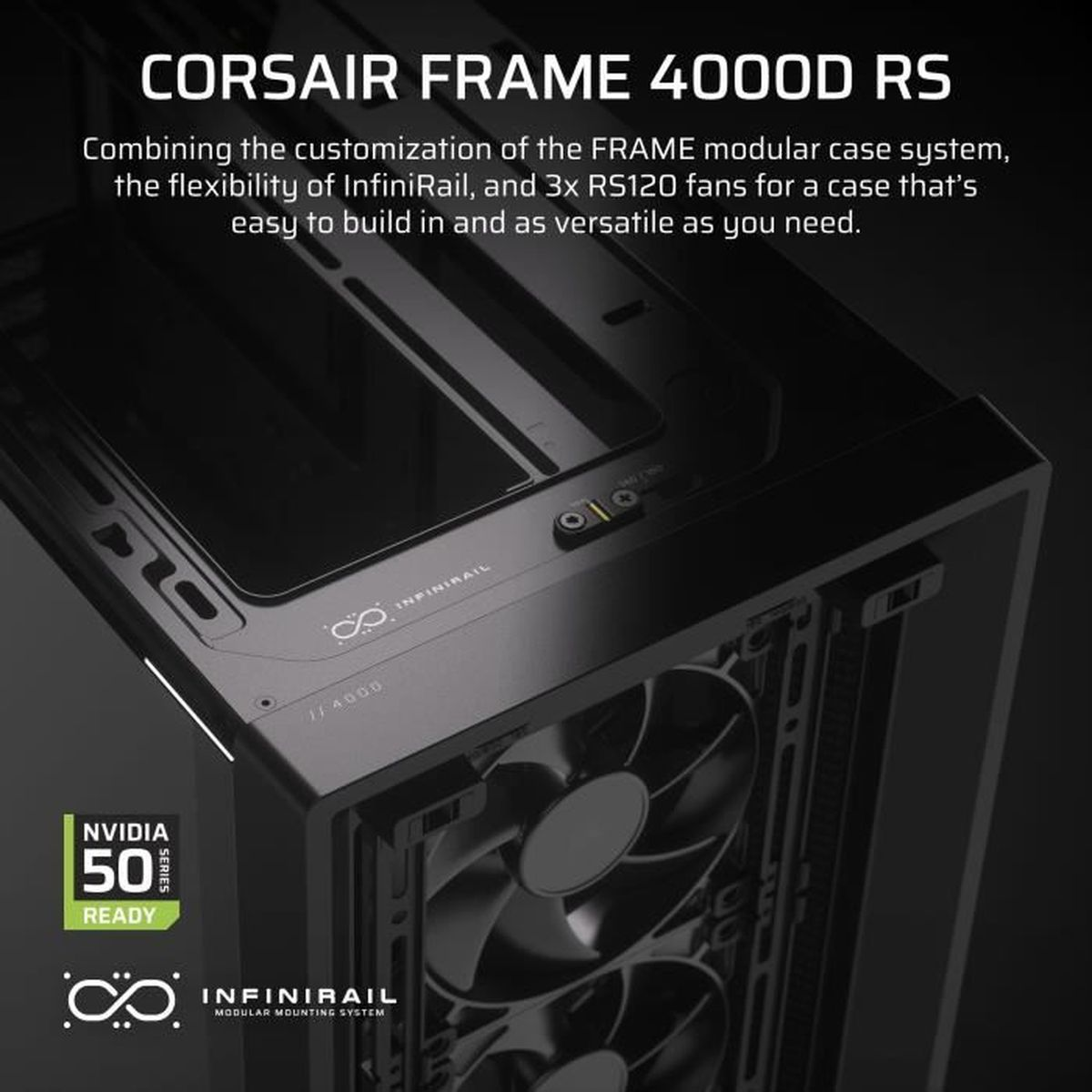 Corsair 4000D RS Gehäuse mit drei Lüftern, NVIDIA 50 Series Ready.