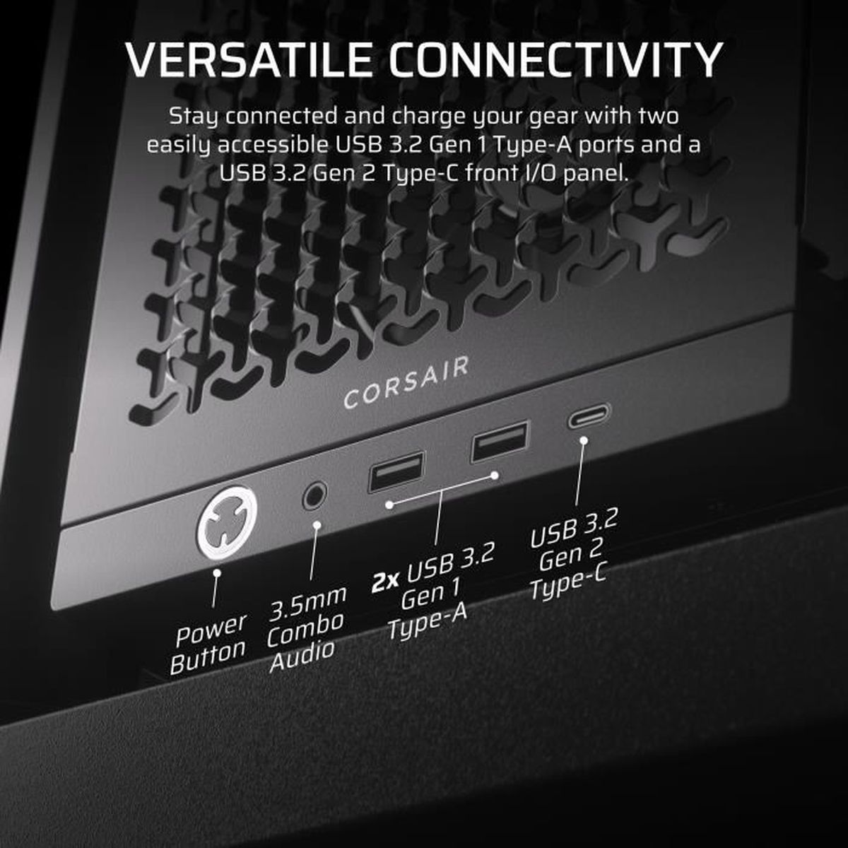 Corsair-Gehäuse mit Frontanschlüssen: Power, Audio, 2x USB-A, 1x USB-C.