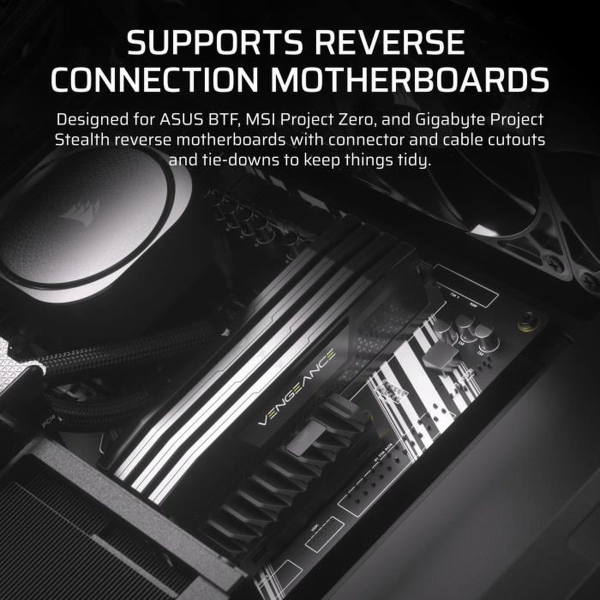 Ein Computer-Motherboard mit RAM-Riegeln und Kabeln, beschriftet mit VENGEANCE.