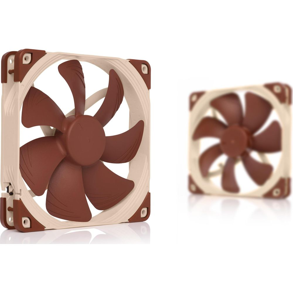 Beżowa rama wentylatora z brązowymi łopatkami i rozmyty wentylator w tle.