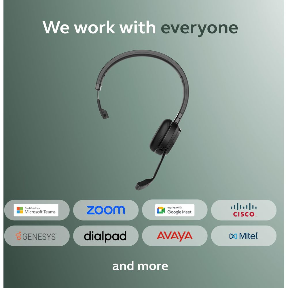 Zestaw słuchawkowy z mikrofonem i logo Microsoft Teams, Zoom, Google Meet, Cisco, Genesys, Dialpad, Avaya, Mitel.