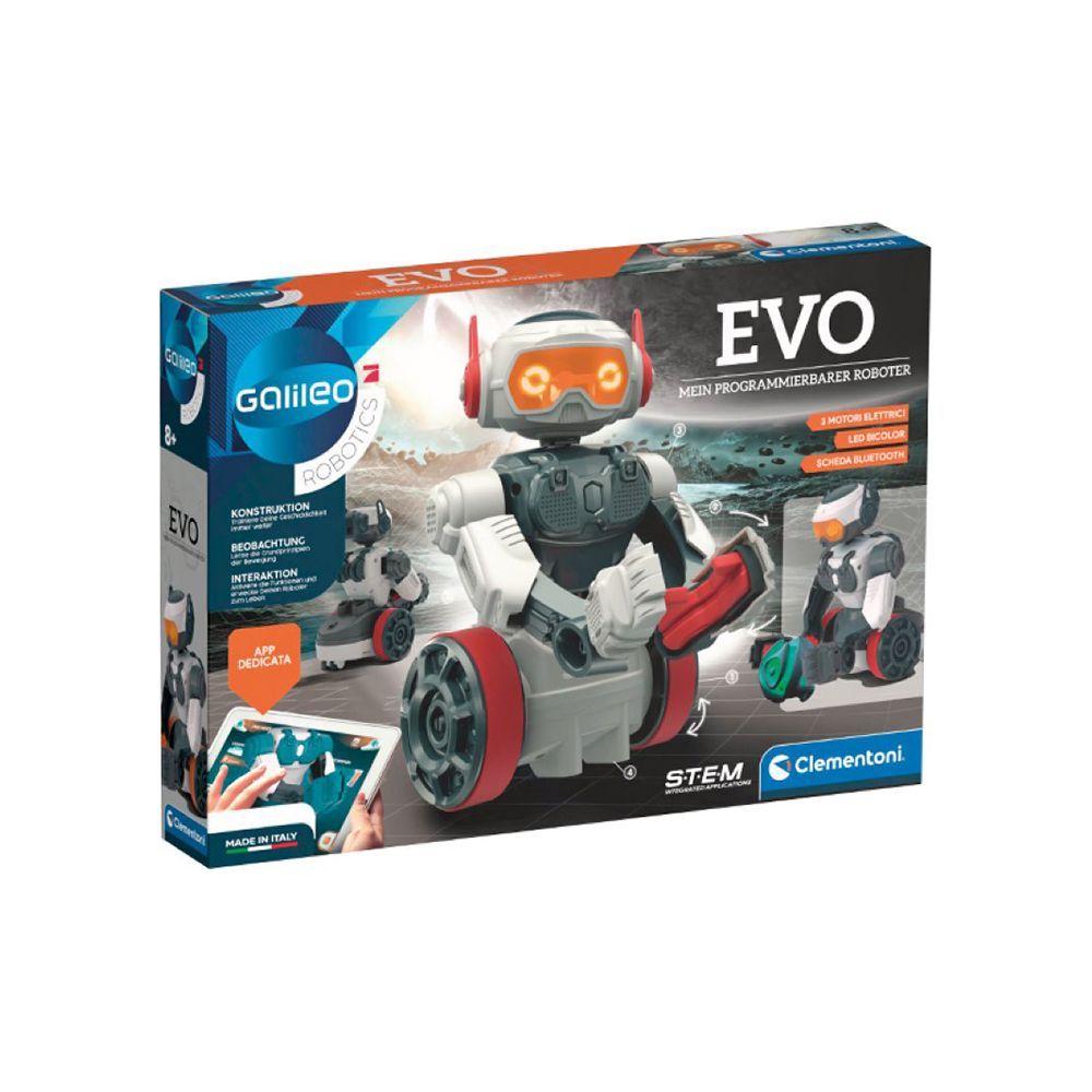 Emballage d'un robot programmable Galileo EVO avec images de robots et icône d'application.