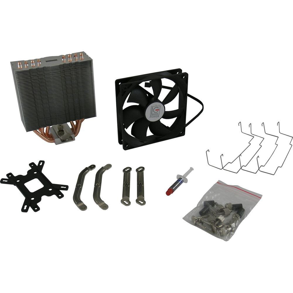 Kühler, Lüfter, Halterungen und Paste auf weißem Hintergrund.