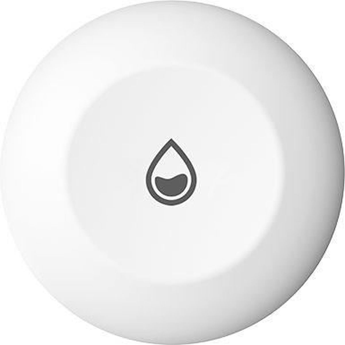 Un oggetto bianco e rotondo con un'icona a goccia d'acqua grigia al centro.