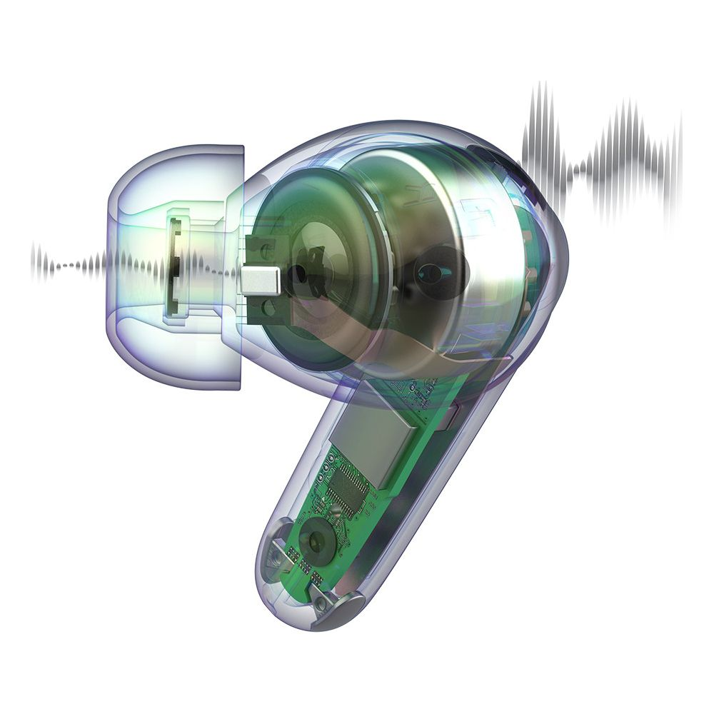 Auricolare trasparente che mostra elettronica interna e onde sonore.