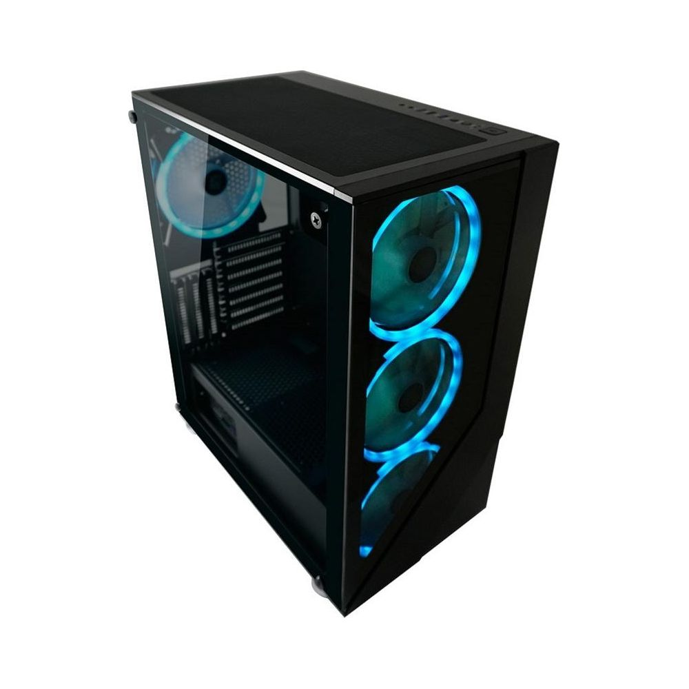 Czarna obudowa komputera z niebieskimi podświetlanymi wentylatorami.