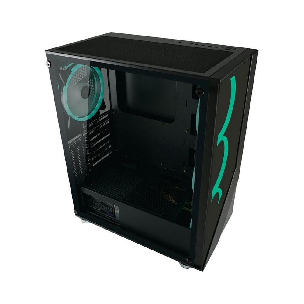 Czarna obudowa komputera ze szklanym panelem, turkusowymi akcentami i wentylatorem.
