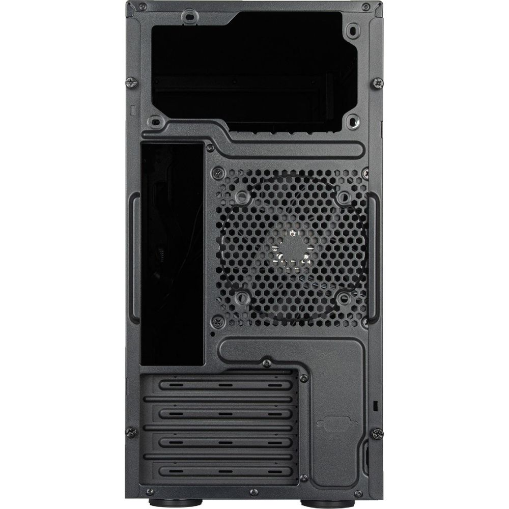 Rückseite eines schwarzen Computergehäuses mit Lüftergitter und Erweiterungssteckplätzen.