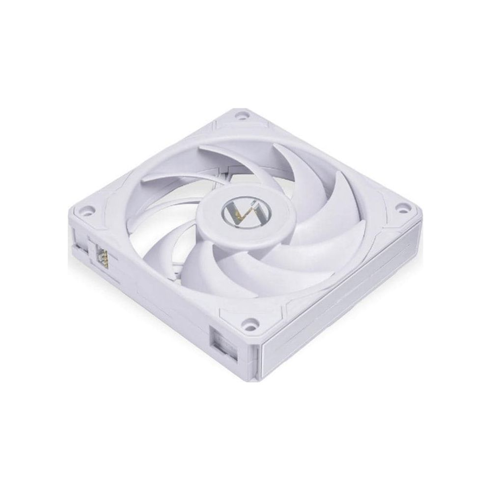 Un ventilateur d'ordinateur blanc avec un logo circulaire au centre et des pales incurvées.