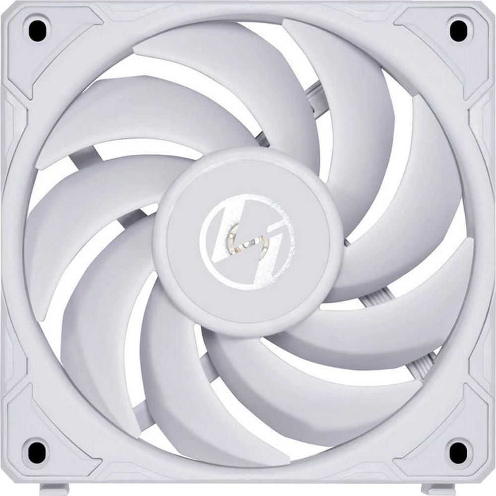 Un ventilateur d'ordinateur blanc avec neuf pales incurvées et un logo central.