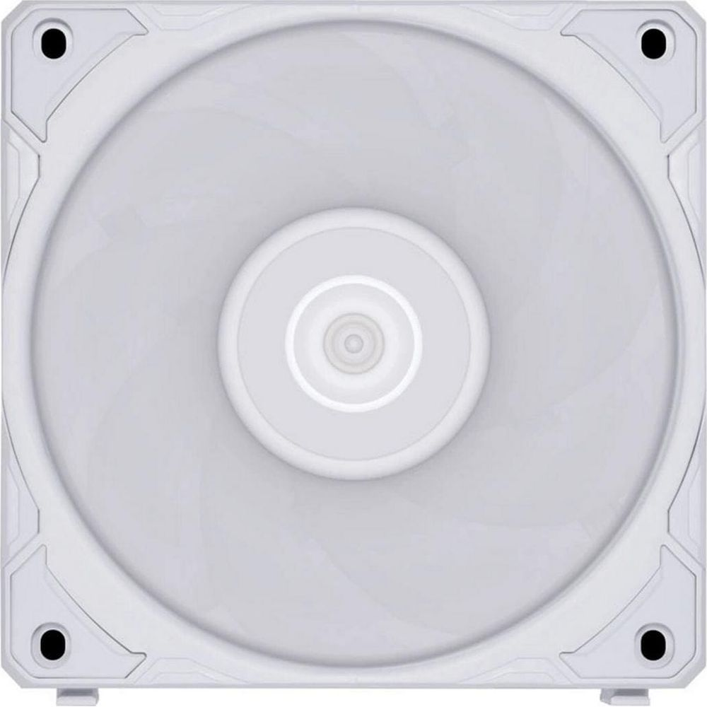 Un ventilateur d'ordinateur blanc avec quatre trous de vis et un moyeu central.