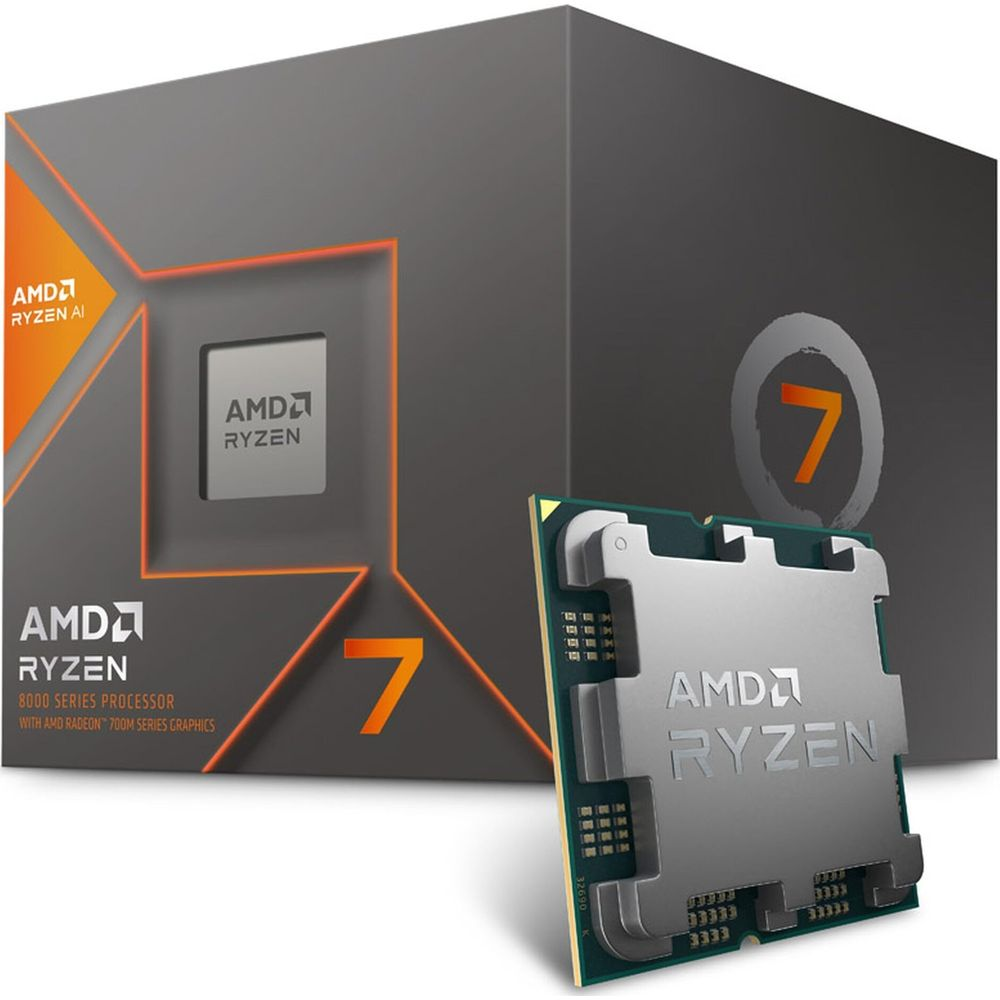 Pudełko procesora AMD Ryzen 7 z srebrnym chipem CPU obok.