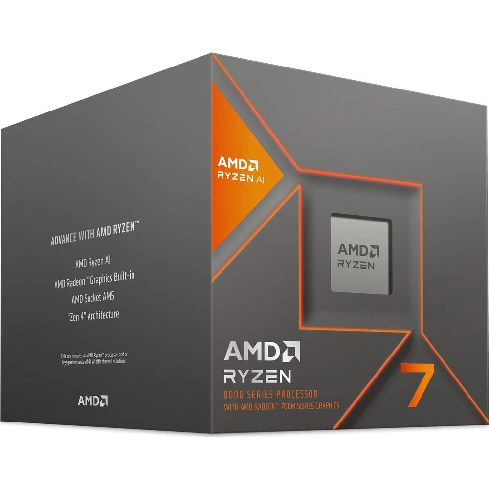 Pudełko procesora AMD Ryzen 7 serii 8000 z Ryzen AI i grafiką Radeon.