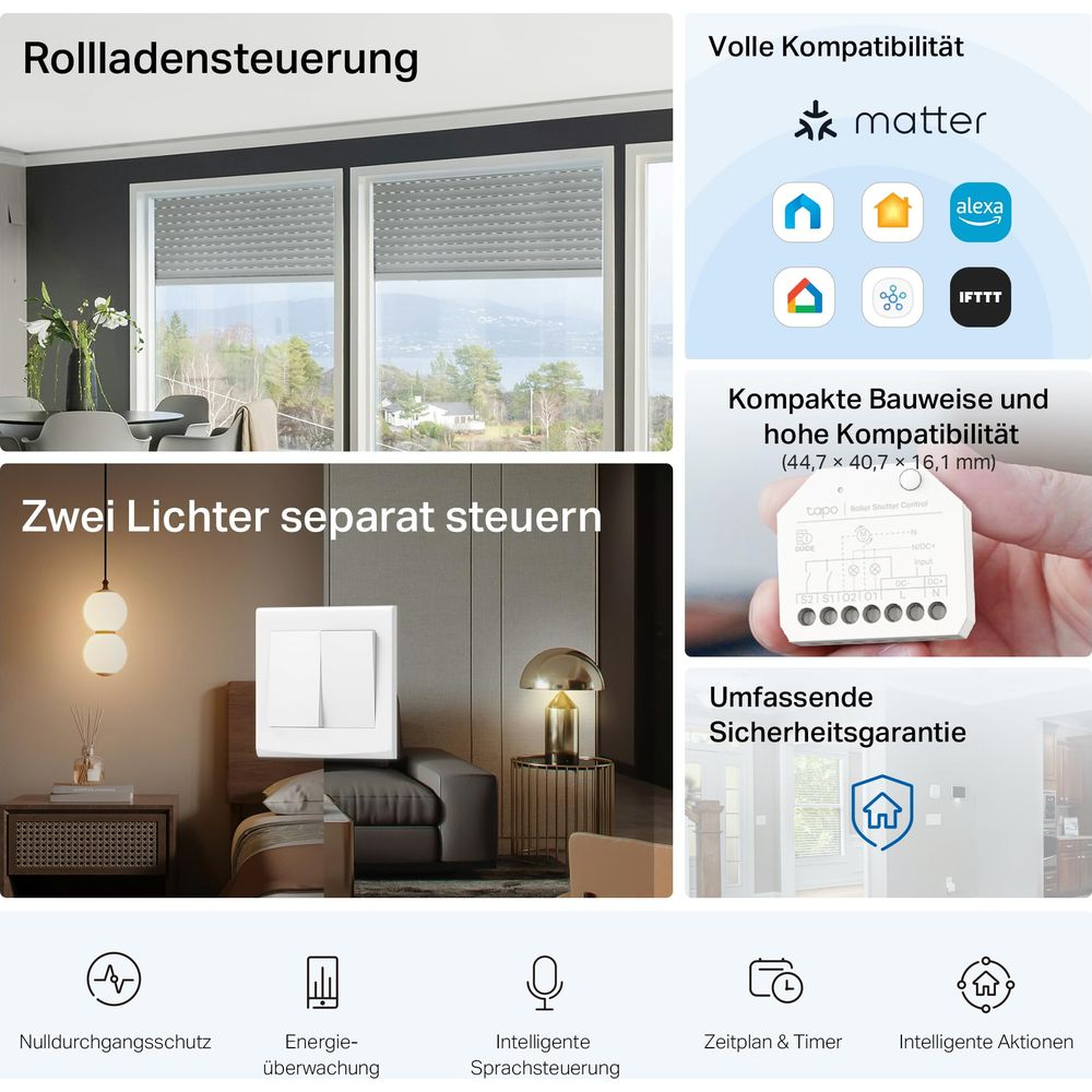 Produktanzeige mit Rolladensteuerung, Lichtsteuerung, matter/Alexa Kompatibilität und Geräteabmessungen.