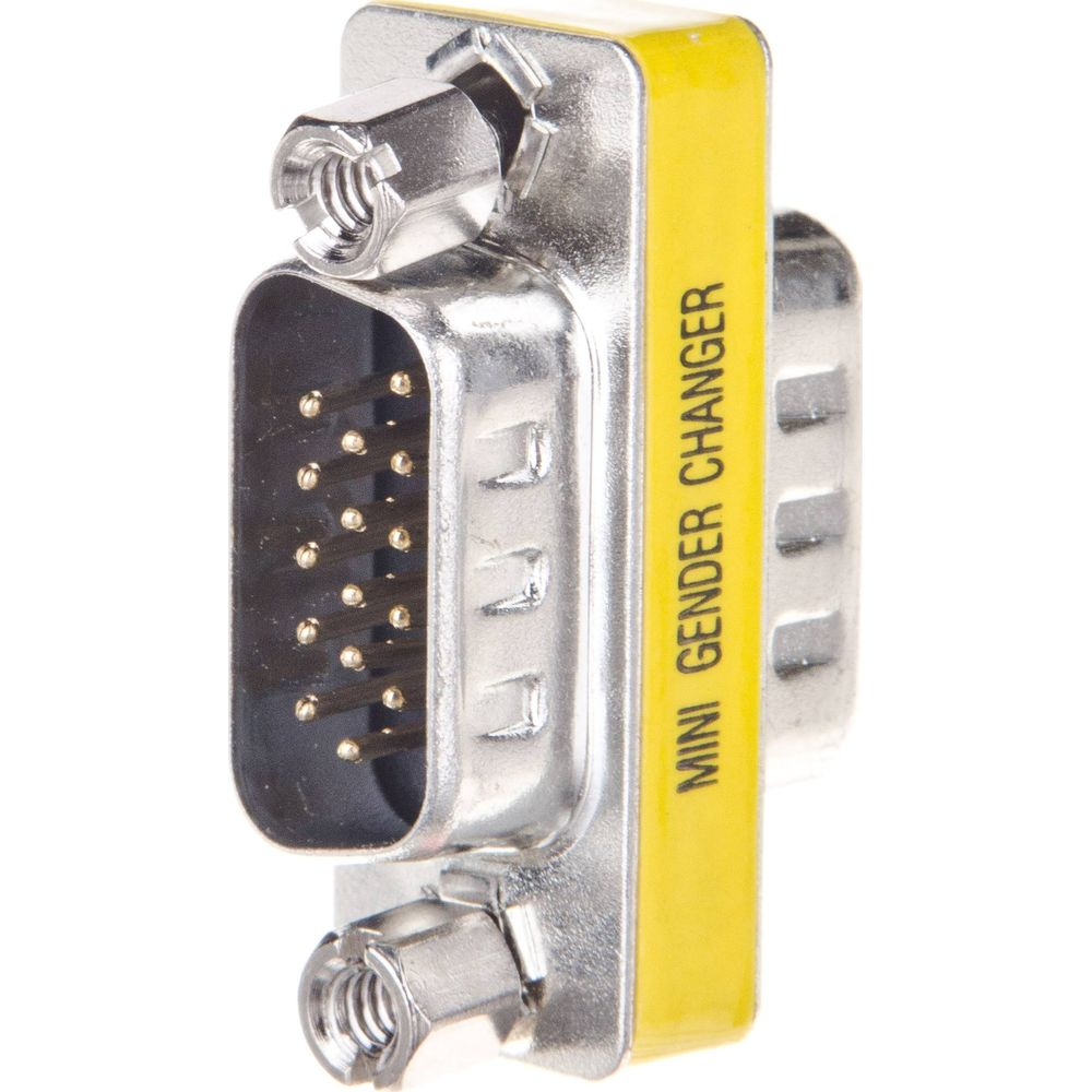 Un mini gender changer VGA argentato con striscia gialla con scritto 'MINI GENDER CHANGER'.