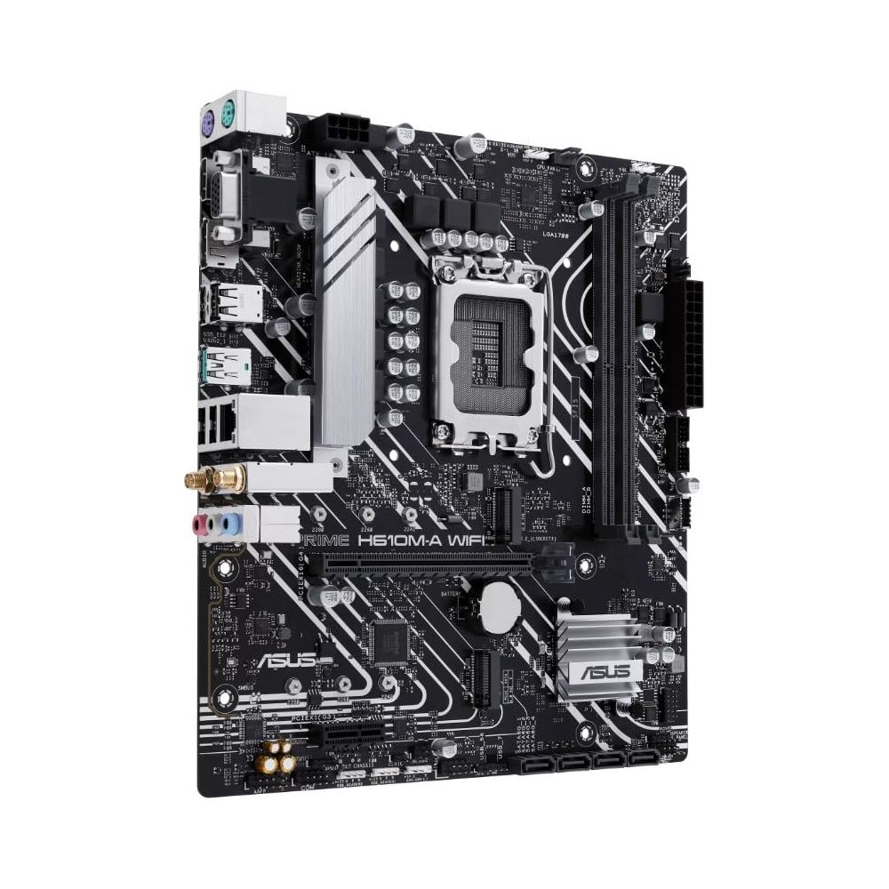 Carte mère ASUS Prime H610M-A WIFI avec socket CPU, emplacements RAM et ports.