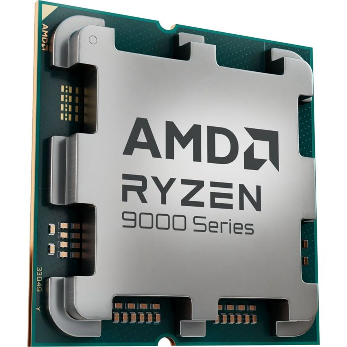 Procesor AMD Ryzen z serii 9000 ze srebrną metalową obudową i czarnymi detalami.