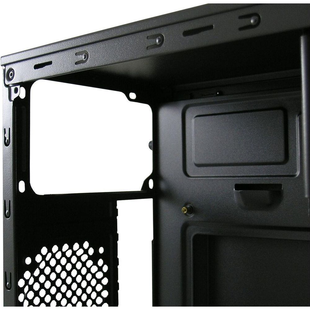 Wnętrze czarnej obudowy komputera z punktami montażowymi i perforowanym panelem.