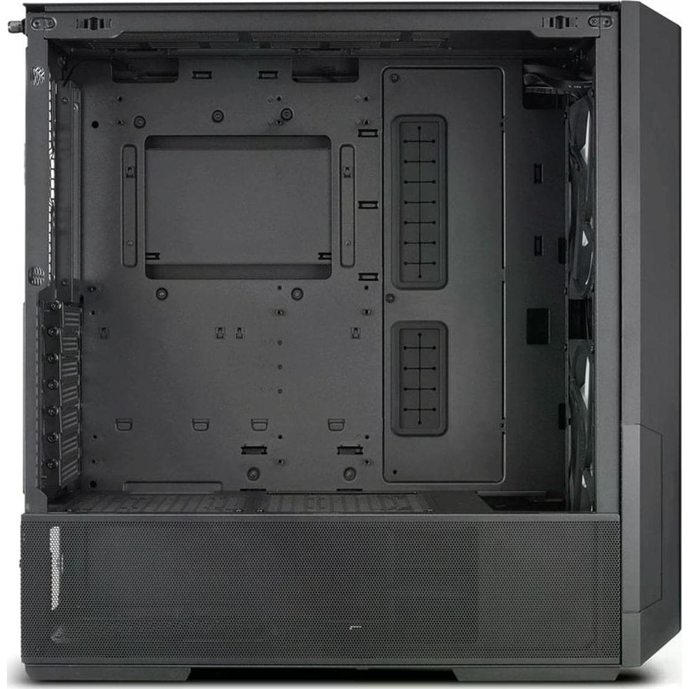 Puste czarne wnętrze obudowy komputera z widocznymi wentylatorami po prawej.