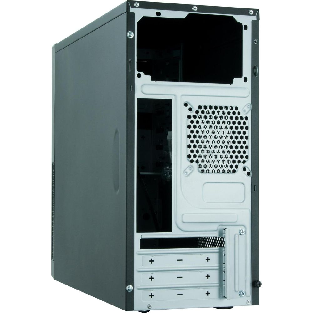 Rear view of a black computer case with ventilation slots and ports.