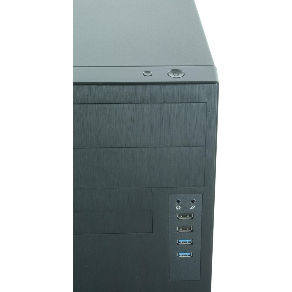 Black computer case with USB ports and power button on top.