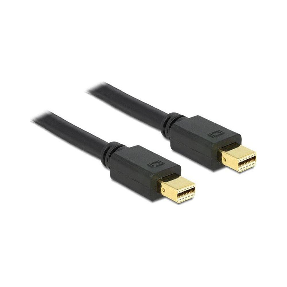 Un cavo nero con due connettori DisplayPort dorati, isolato su sfondo bianco.