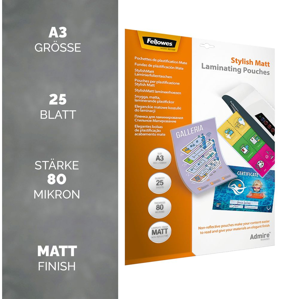 Fellowes A3 Matt Laminierfolien, 25 Blatt, 80 Mikron Stärke.