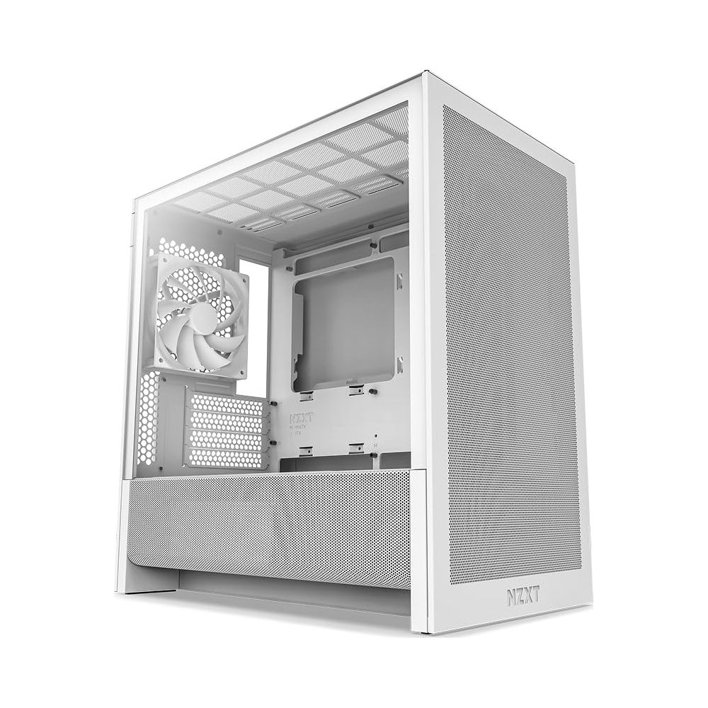 Boîtier d'ordinateur NZXT blanc avec ventilateur et panneau avant en maille. Design minimaliste.
