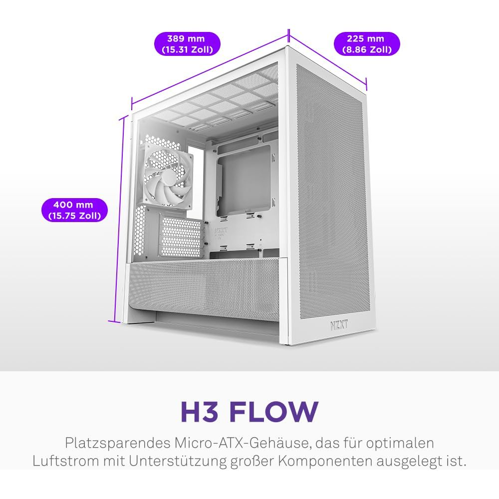 Un boîtier PC NZXT H3 Flow blanc avec ventilateur et dimensions.