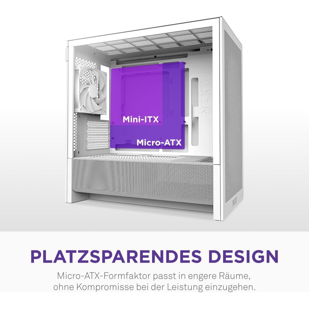 Un boîtier de PC blanc avec des zones mises en évidence pour Mini-ITX et Micro-ATX.