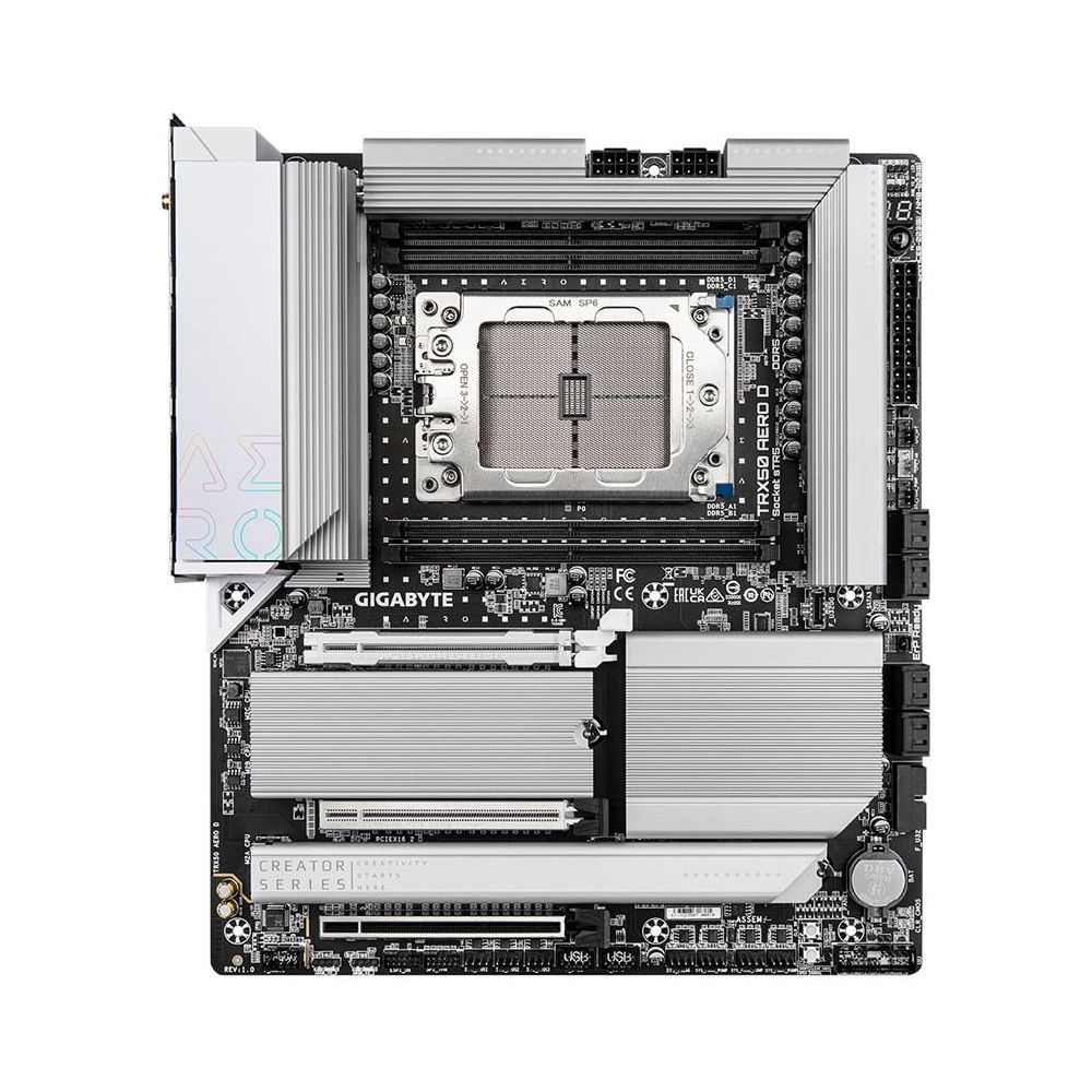 A white and black motherboard featuring heatsinks and a socket.