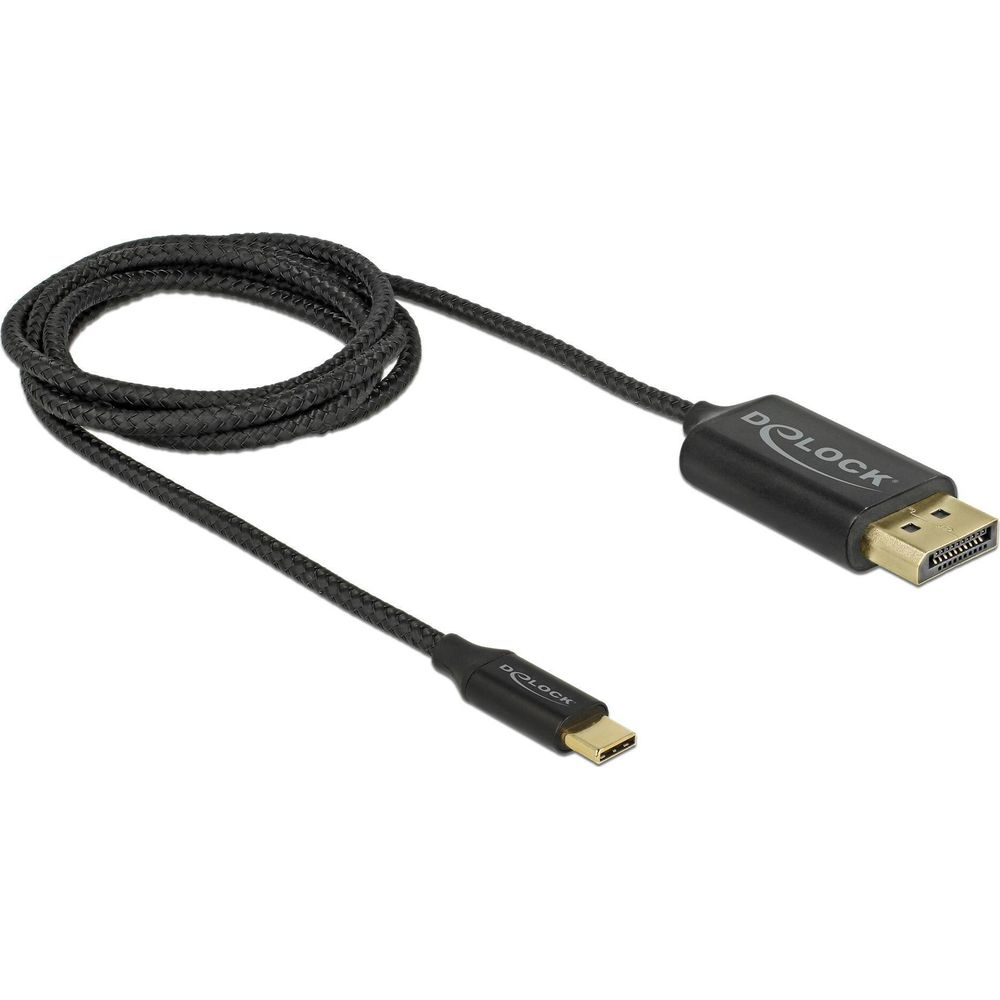 Ein schwarzes DELOCK USB-C zu DisplayPort Kabel liegt auf weißem Grund.