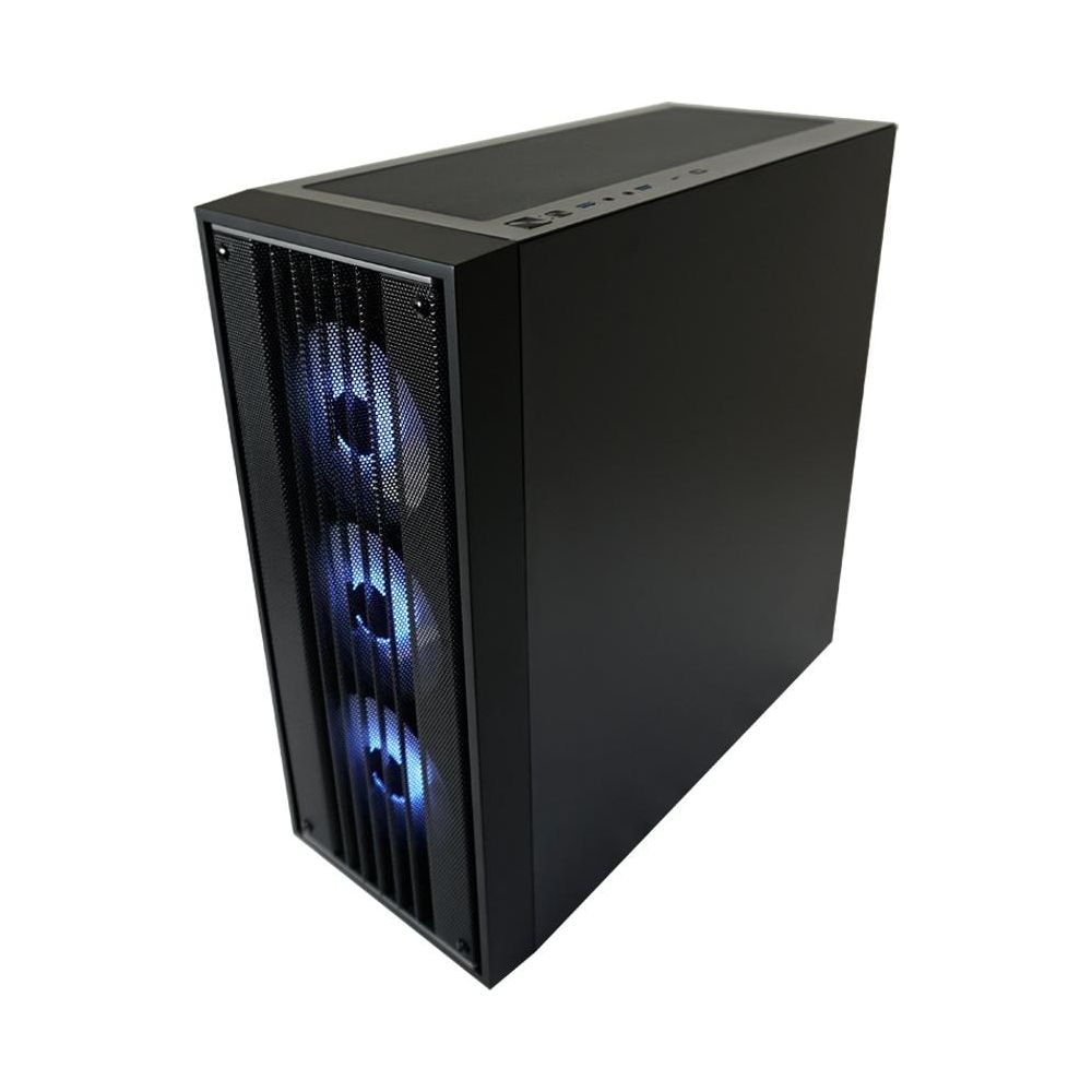 Schwarzes Computergehäuse mit drei blauen LED-Lüftern vorne.