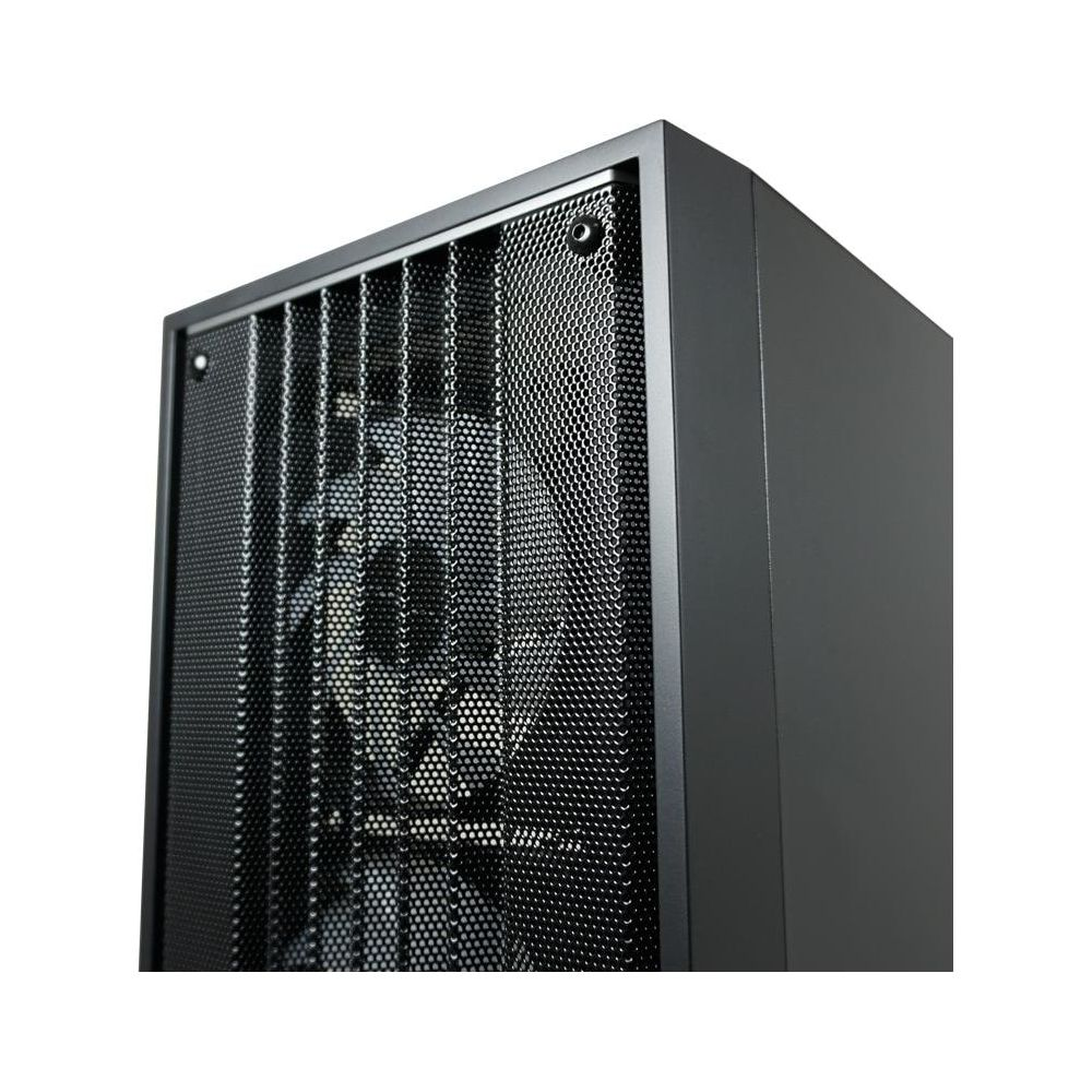 Ein schwarzer Computergehäuse-Lüfter mit Gitterfront.