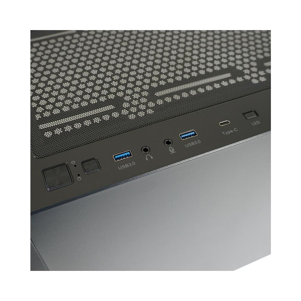 Naheaufnahme der Anschlüsse eines Computergehäuses: USB 3.0, USB-C, Mikrofon.