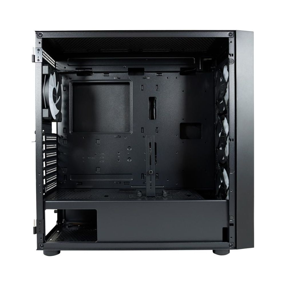 Ein schwarzes Computergehäuse mit Lüftern vorne und hinten, offen.