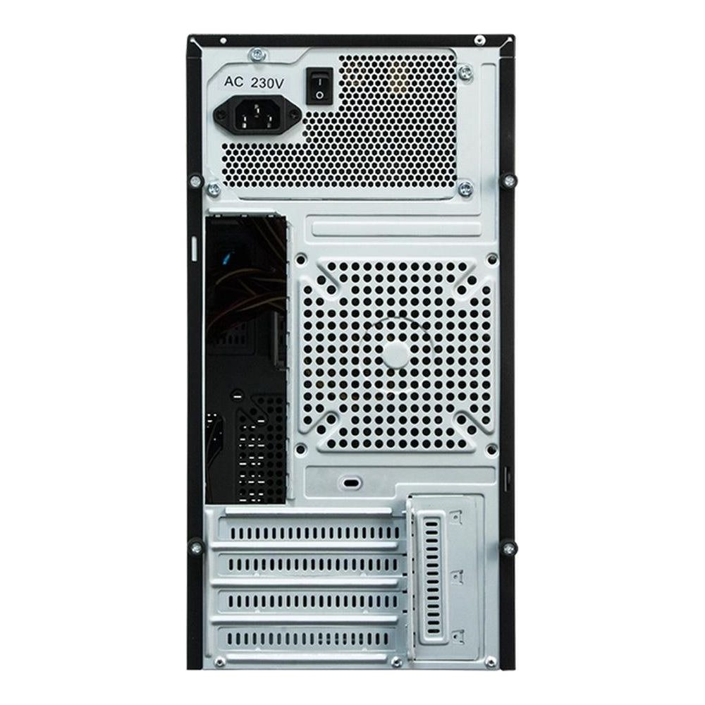 Retro di un case per computer con porte e griglie di ventilazione.