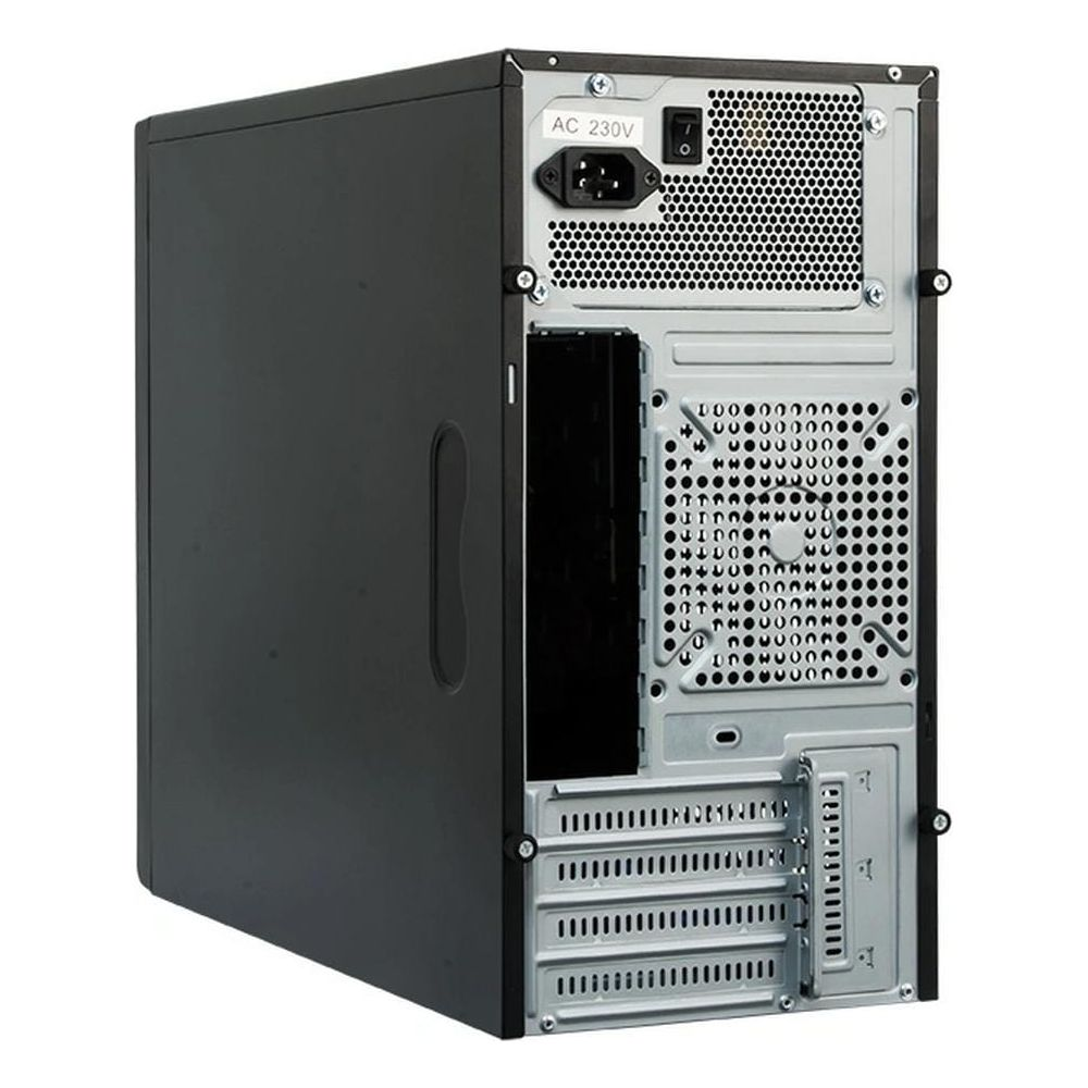 Vista posteriore di un case PC nero con ingresso alimentazione e fessure di ventilazione.