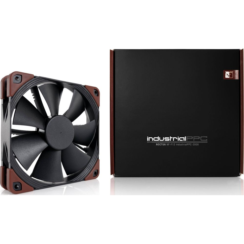 A black fan with brown corners and a black box next to it.