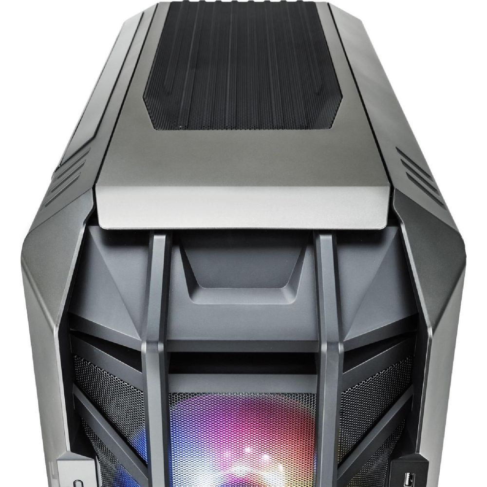 Graues PC-Gehäuse mit Lüftern und farbigen LEDs auf der Vorderseite.