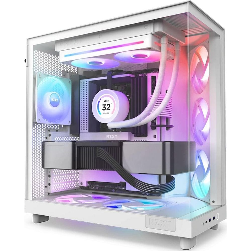 PC blanc avec éclairage RVB, refroidissement liquide et ventilateurs visibles.