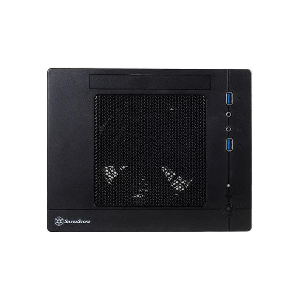 Case per computer nero con griglia ventola e porte USB.