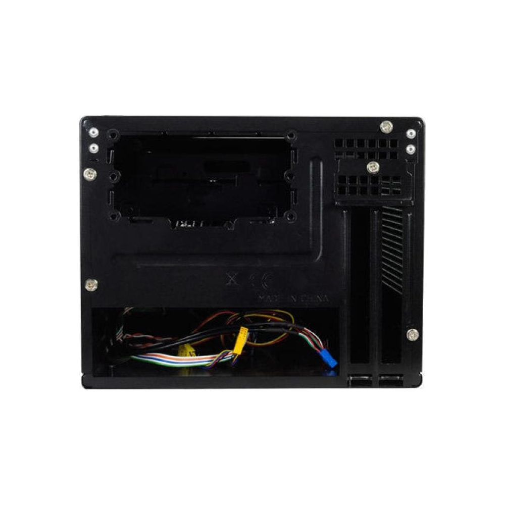 Un case per computer nero con cavi, aperto sul retro.