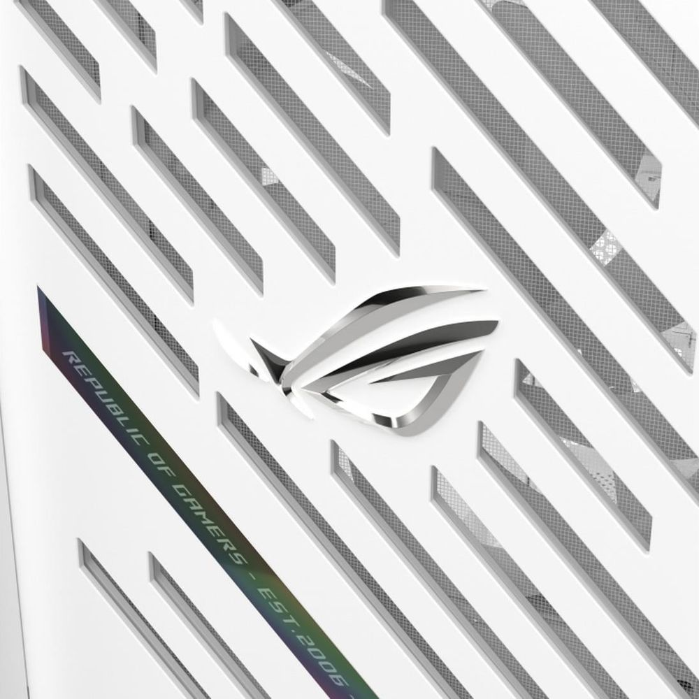 Een witte behuizing met het ROG-logo en de tekst "Republic of Gamers".