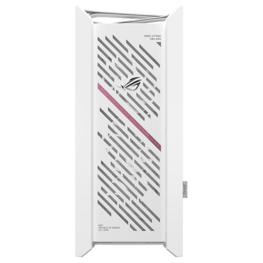 Een witte pc-kast met grijs patroon en ROG-logo.