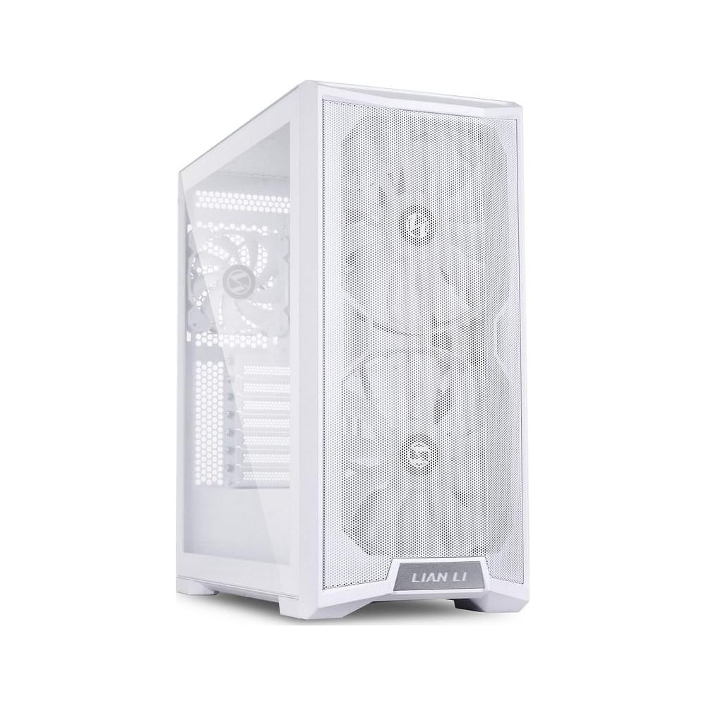 Ein weißes PC-Gehäuse mit Glasfront und Lüftern.