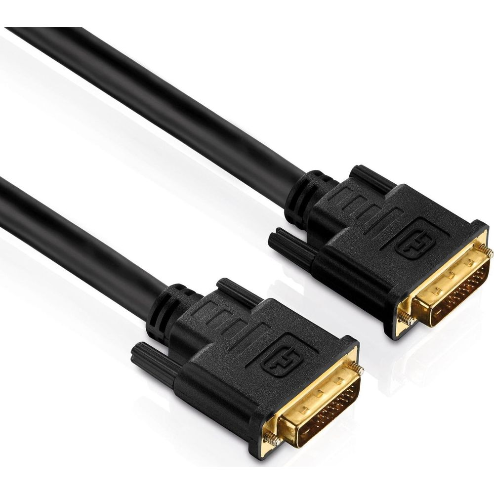 Zwei DVI-Kabel mit schwarzen Leitungen und goldfarbenen Anschlüssen.
