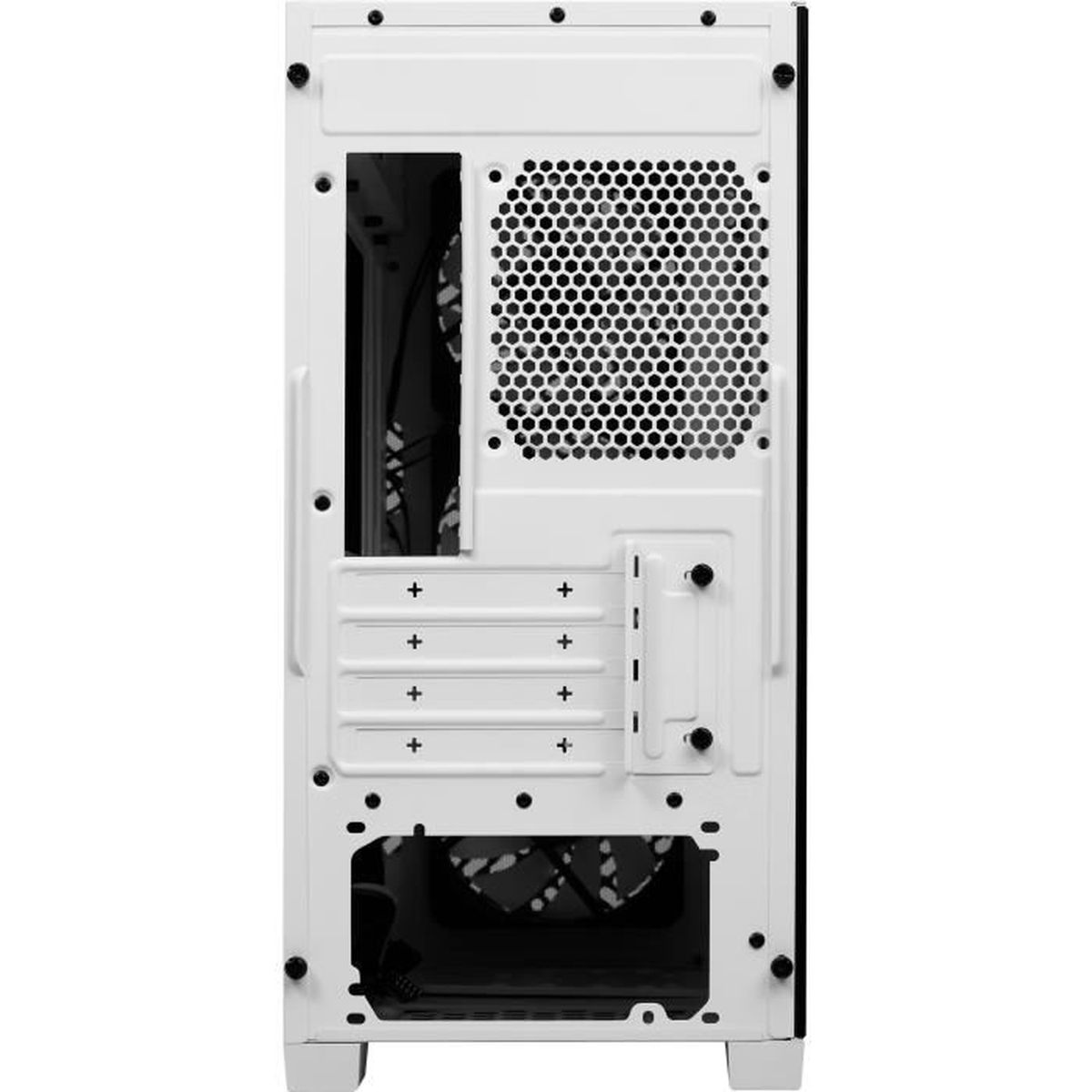 Rückseite eines weißen Computergehäuses mit Lüfteröffnungen und Anschlüssen.