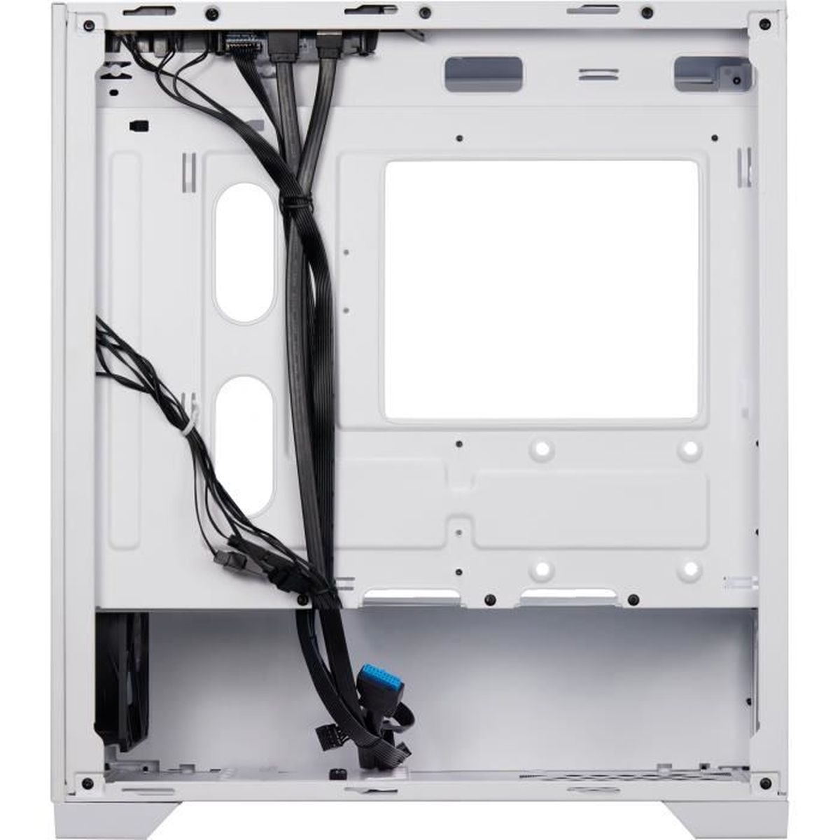 Rückseite eines weißen Computergehäuses mit vielen schwarzen Kabeln.