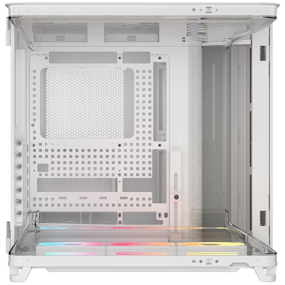 Un case per PC bianco con pannello laterale trasparente e illuminazione RGB colorata in basso.